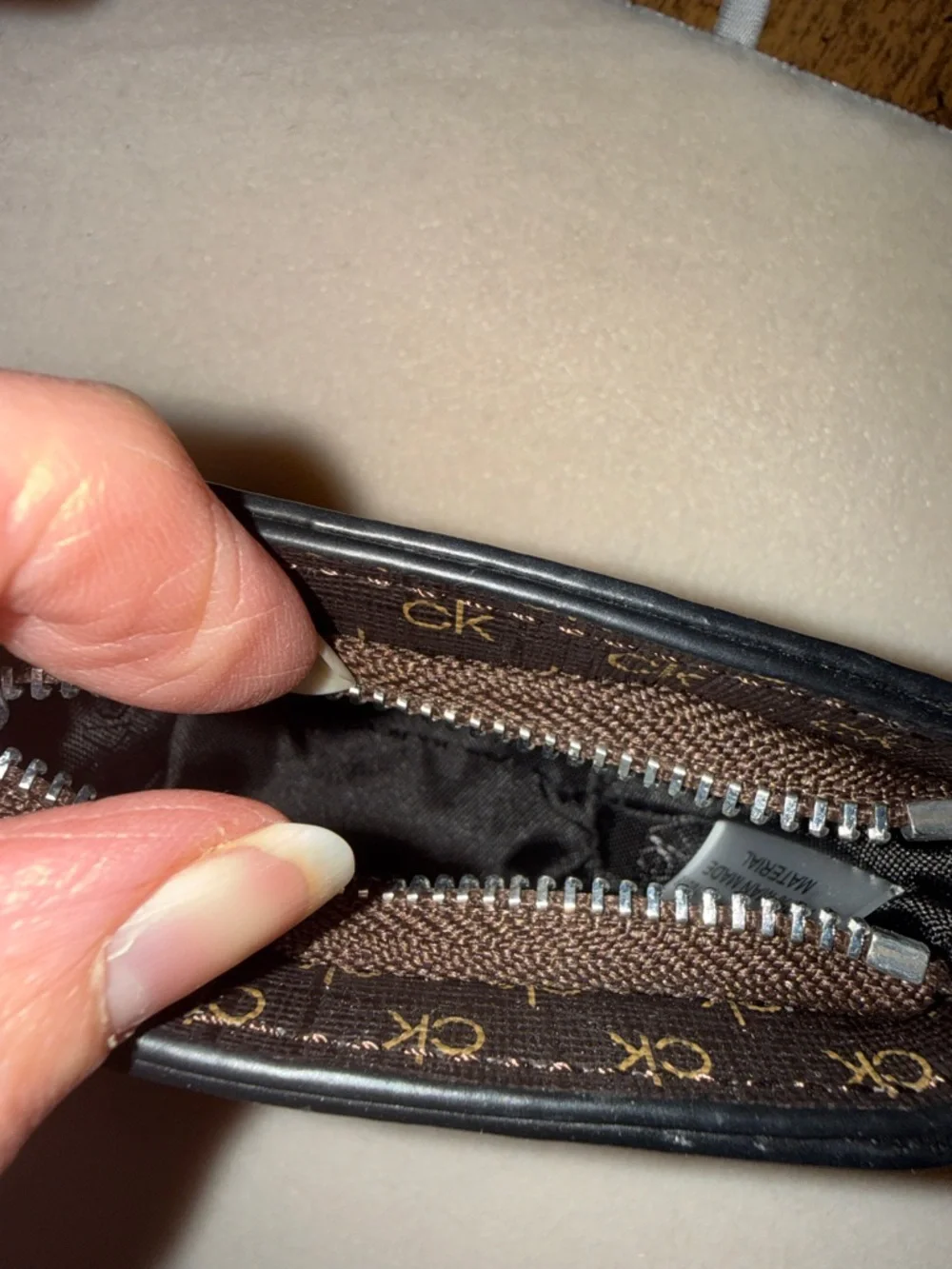 Calvin Klein Brown Logo Zip Key Pouch with Silver Hardware